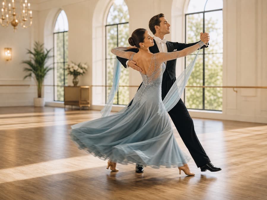 Ballroom dancers practicing waltz rise and fall