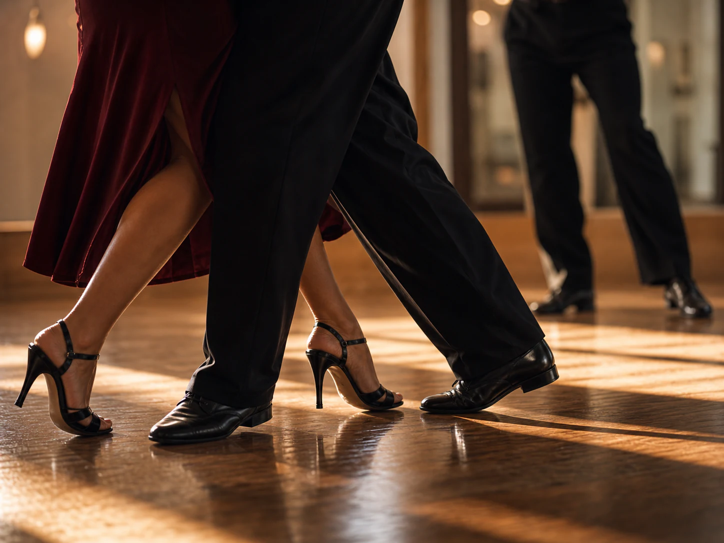Adult dancers practicing Argentine Tango technique