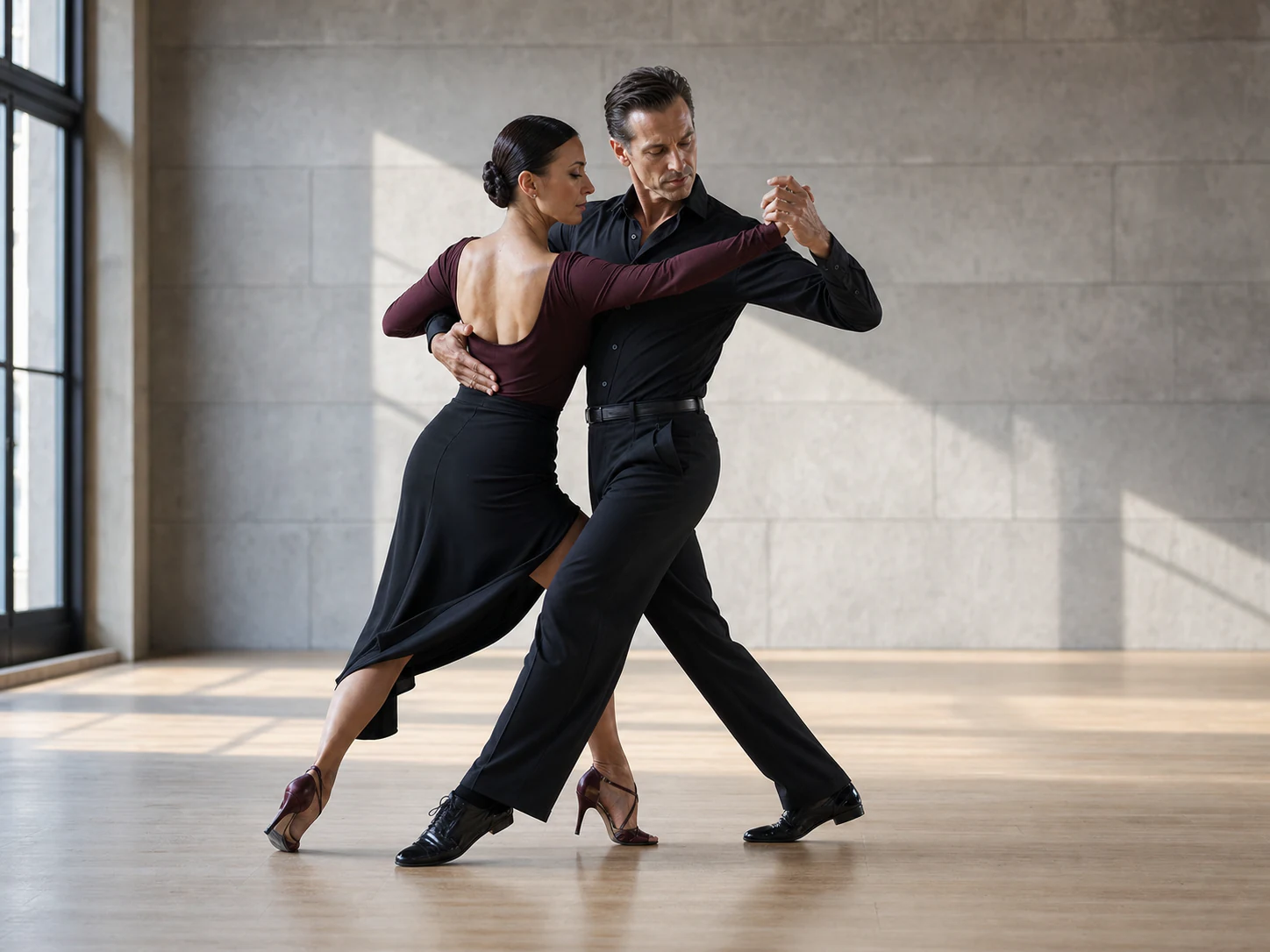 Ballroom partners practicing a precise Tango promenade