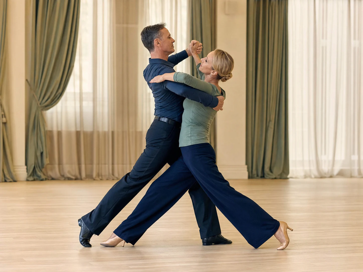 Mature ballroom partners practicing a smooth Foxtrot line