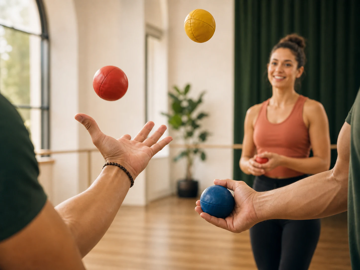 Adult students practicing juggling for coordination
