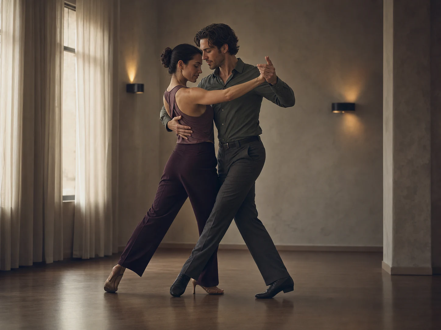 Partners practicing smooth Nightclub dance in an intimate studio