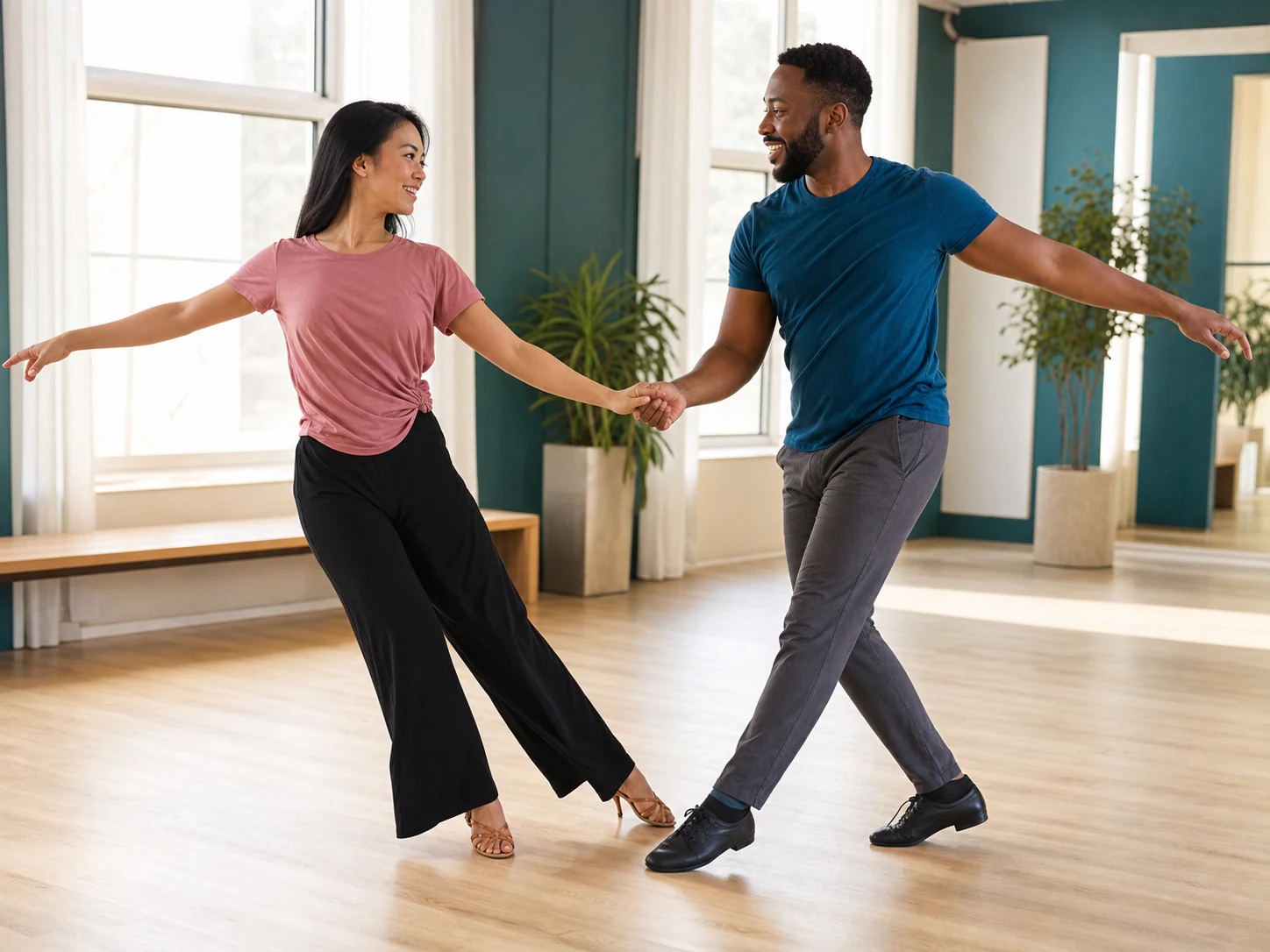 Adult partners practicing swing dance fundamentals