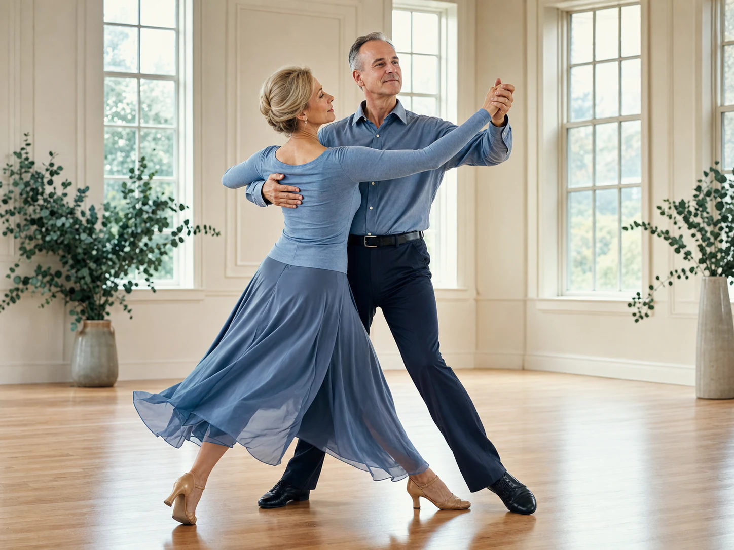 Adult partners practicing Viennese Waltz rotation