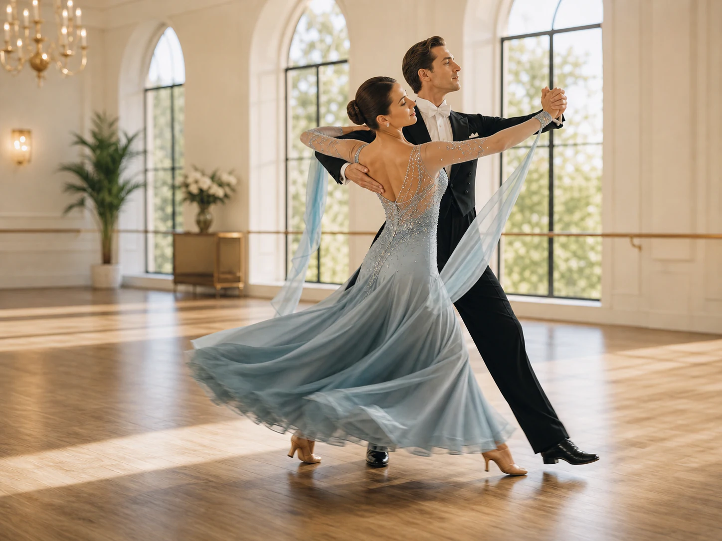 Ballroom dancers practicing Waltz rise and fall
