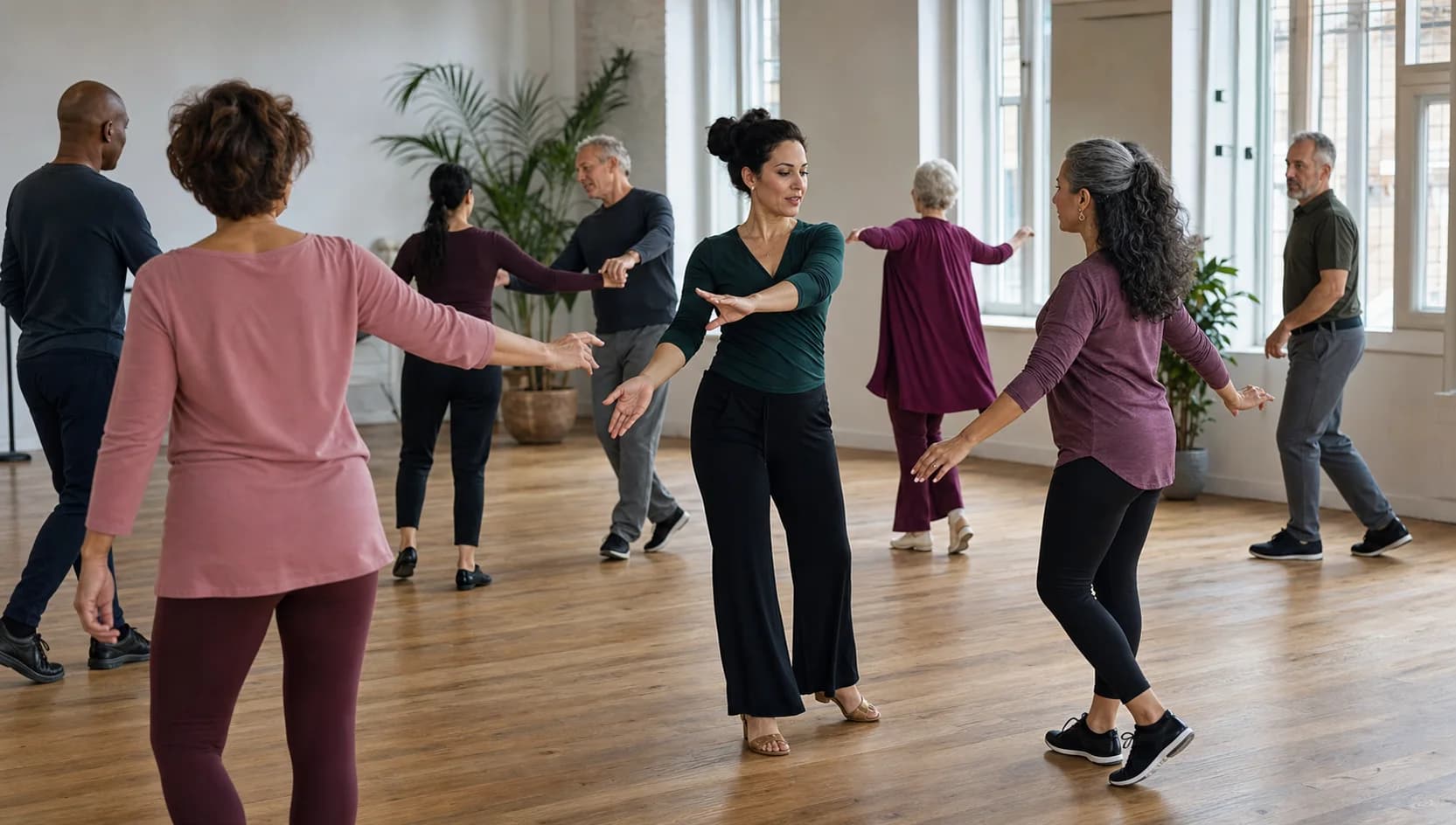 Adults learning dance and expressive movement together