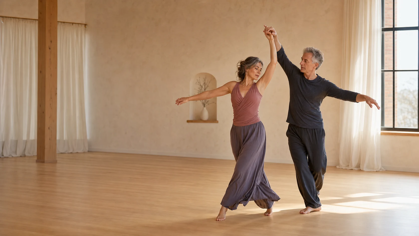 Two adults sharing a graceful dance movement in a sunlit studio