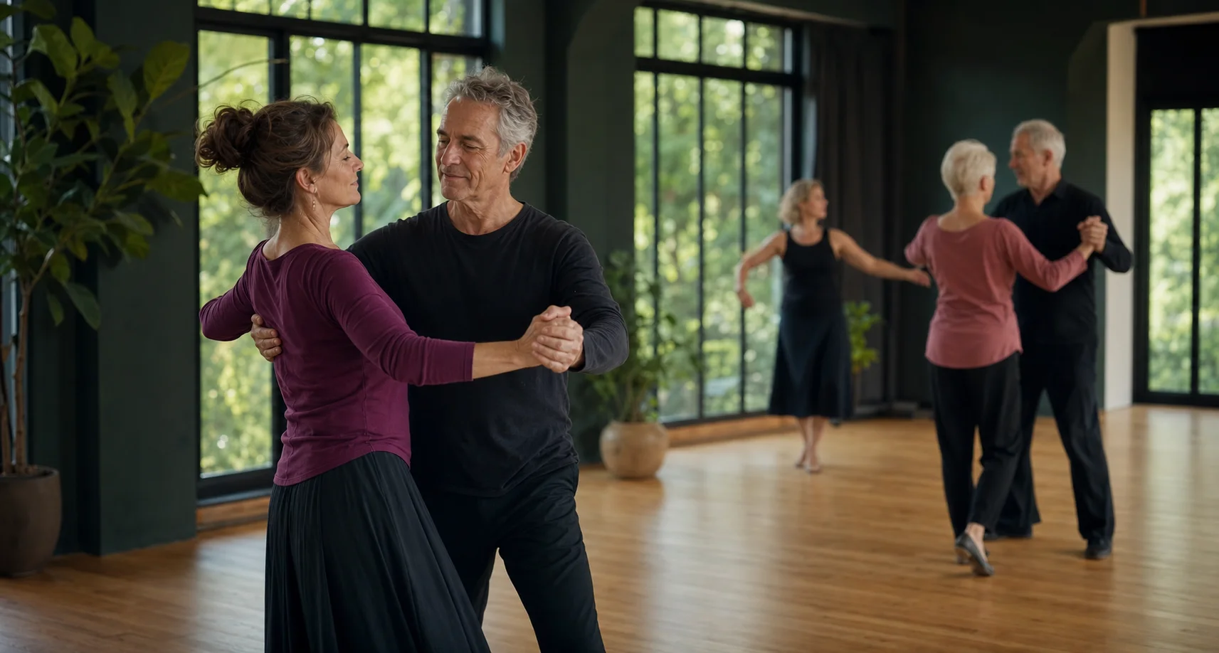 Mature adults practicing ballroom movement in a botanical studio